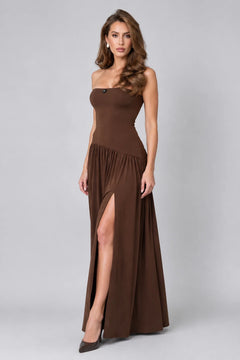 Brown Strapless Drop Waist Maxi Dress with High Thigh Slit [erp-image:c7482983f161538a31538057]