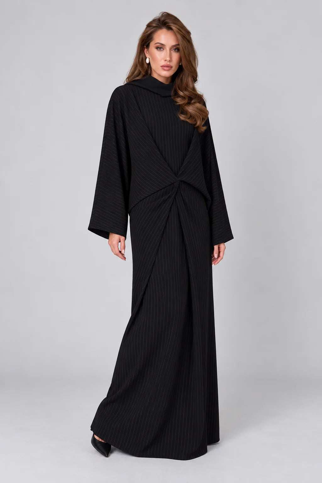 Black Pinstripe Long Sleeve Twist Front Abaya Maxi Dress with Wide Cut [erp-image:7a215777037d3bb52267b228]