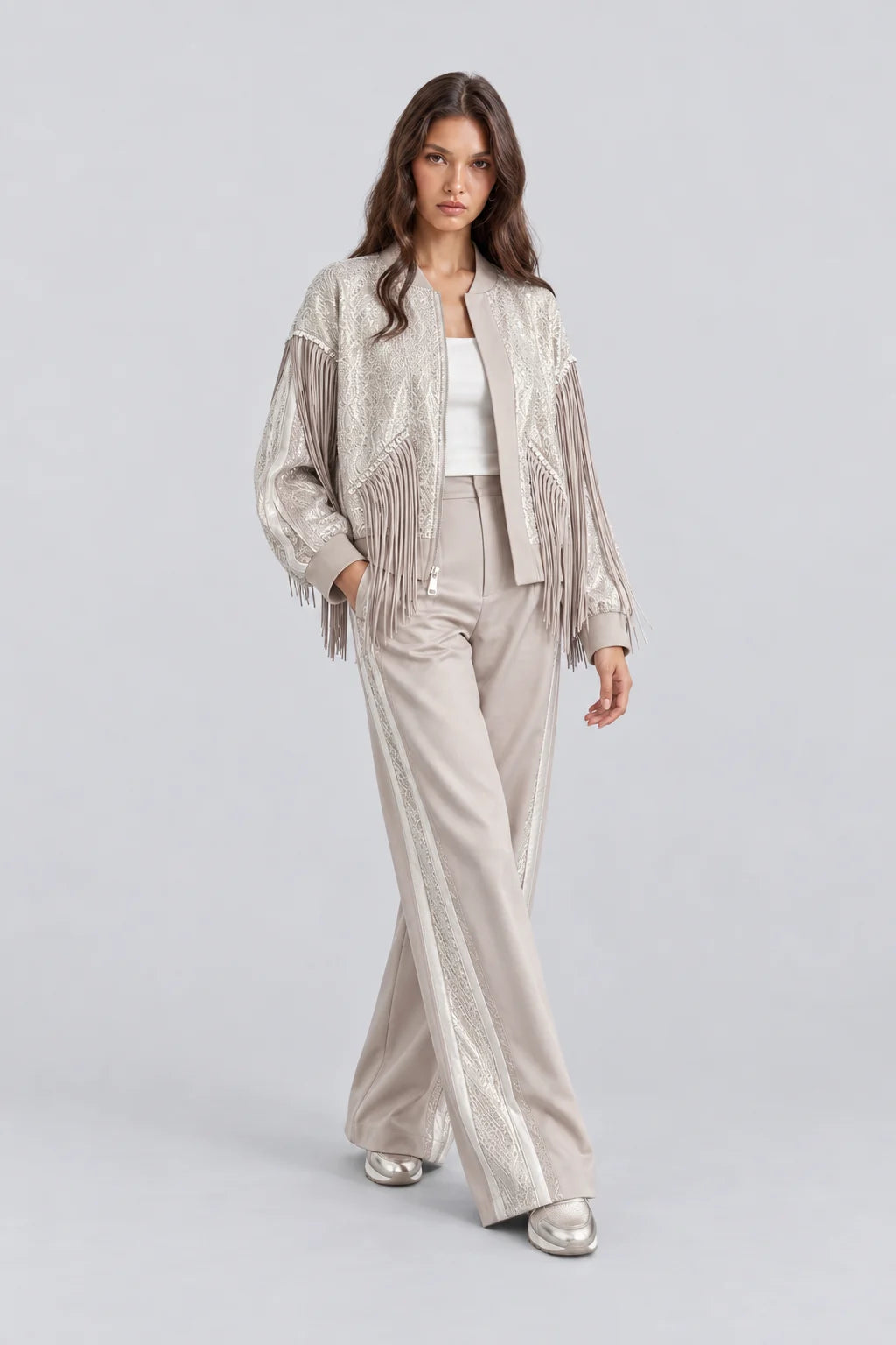 Women's Sequin Fringe Bomber Jacket and Wide Leg Pants Two Piece Set [erp-image:c94895ddf52fe689656f421e]