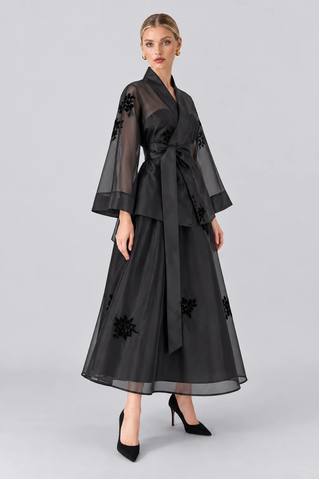 Black Sheer Organza Wrap Kimono Top and A-Line Midi Skirt Set [erp-image:ba56e1e3de51ecb5b626c267]