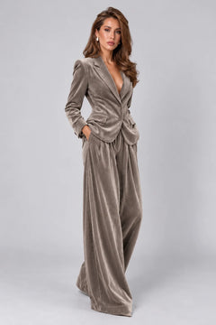 Women's Velvet Notch Lapel Blazer and Wide Leg Trousers Two Piece Suit Set [erp-image:92216ed2300772026fb1a1ce]