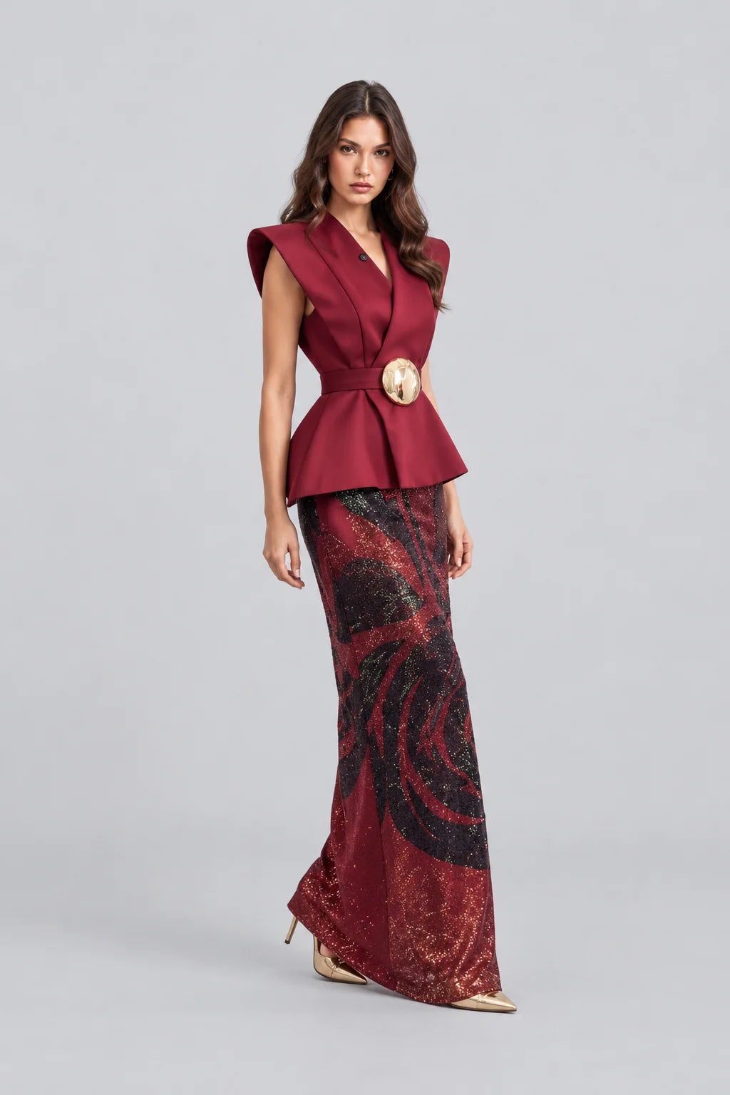 Burgundy Belted Peplum Top and Patterned Sequin Maxi Skirt Two Piece Set [erp-image:2ec6214e3507bb156556b8f0]