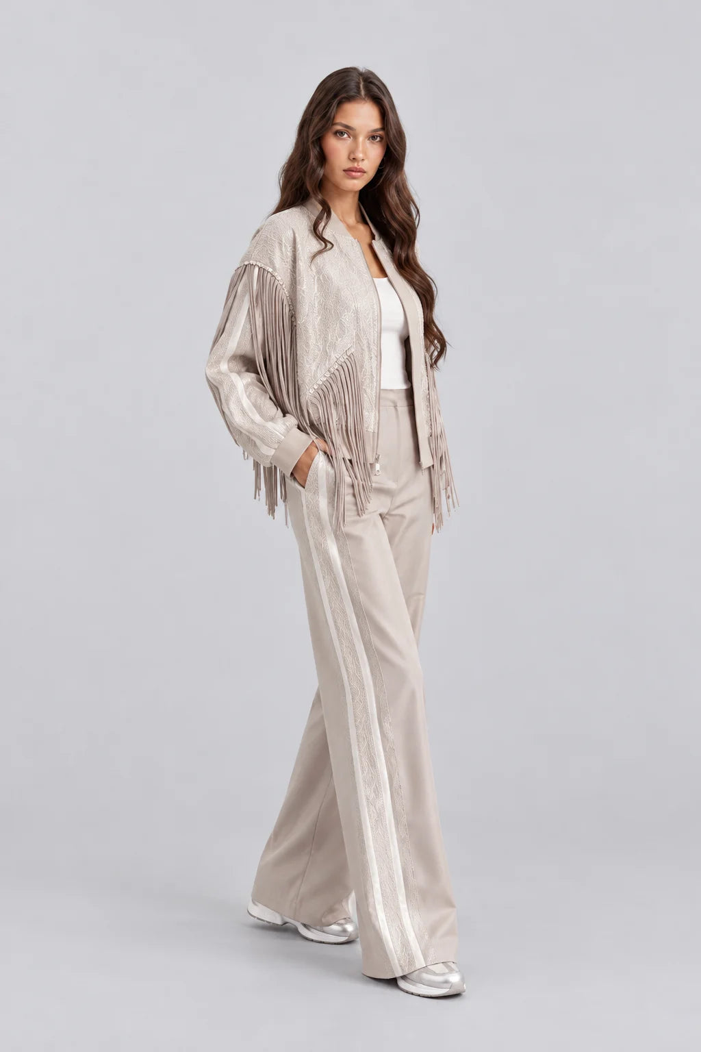 Women's Sequin Fringe Bomber Jacket and Wide Leg Pants Two Piece Set [erp-image:8692158132e660be67cbfb5e]