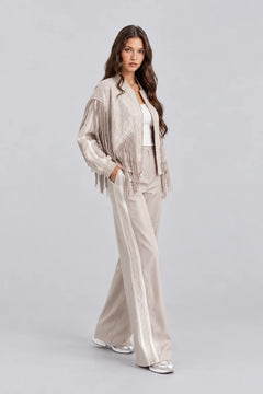 Women's Sequin Fringe Bomber Jacket and Wide Leg Pants Two Piece Set [erp-image:8692158132e660be67cbfb5e]