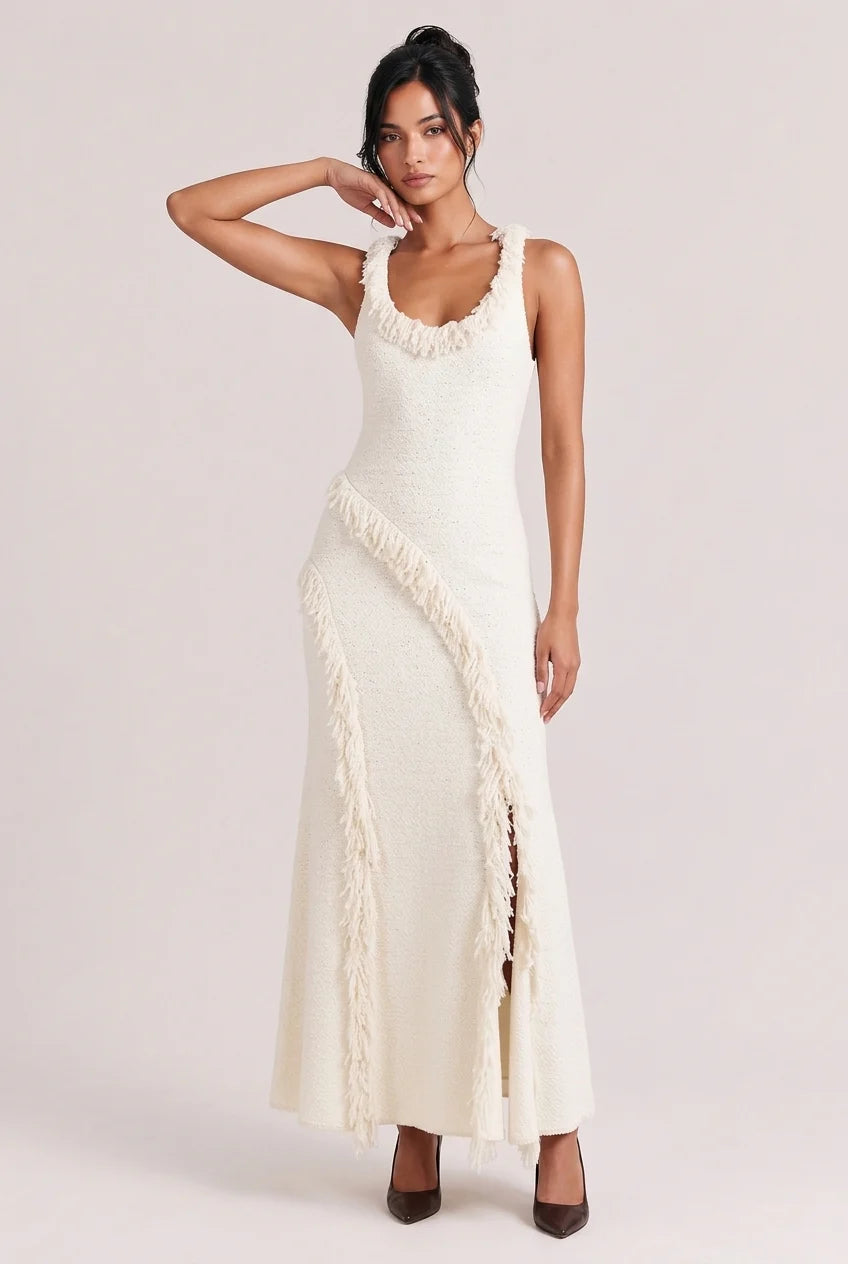 Tweed Knit Scoop Neck Sleeveless Fringe Trim Slit Maxi Dress