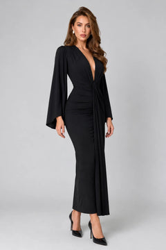 Deep V-Neck Padded Shoulder Long Sleeve Draped Ruched Black Maxi Dress [erp-image:99f0e5dc10c661526167a1b1]