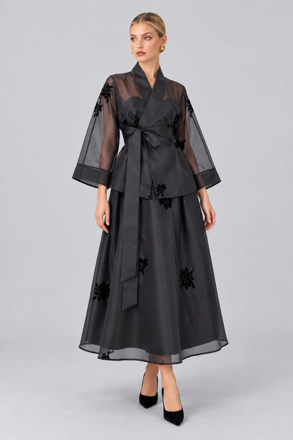 Black Sheer Organza Wrap Kimono Top and A-Line Midi Skirt Set [erp-image:63a6a2e4efc14f90226bbd63]