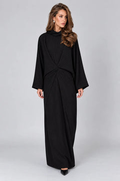 Black Pinstripe Long Sleeve Twist Front Abaya Maxi Dress with Wide Cut [erp-image:5baf9a72e51e5371b4e0f117]