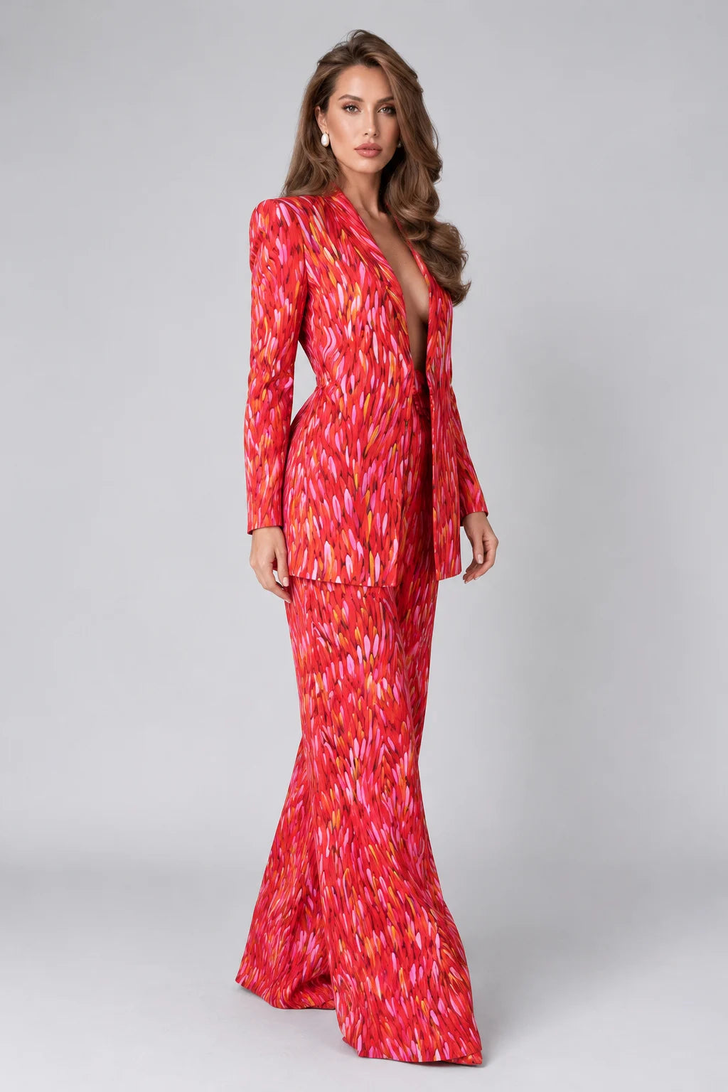 Red Brushstroke Print Tie Front Blazer and Wide Leg Pants Two Piece Set [erp-image:5f5df4403f527bf4af0545d0]