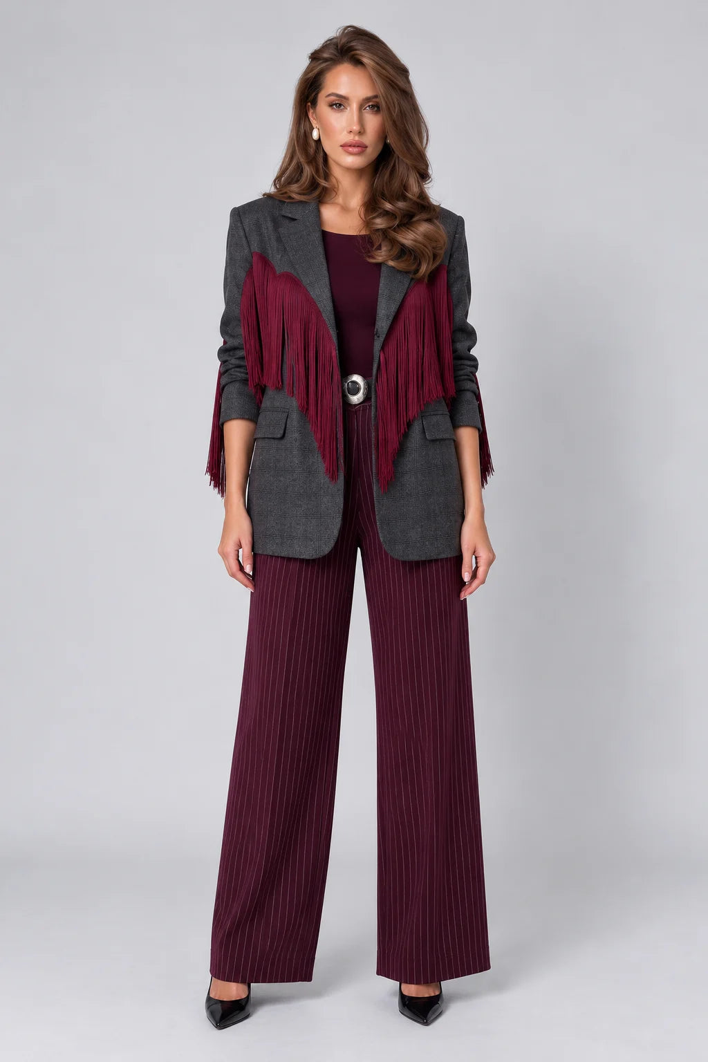 Women's Long Sleeve Fringe Trim Tailored Blazer Jacket with Lapel Collar [erp-image:c6c968c24491ba7fe712818f]