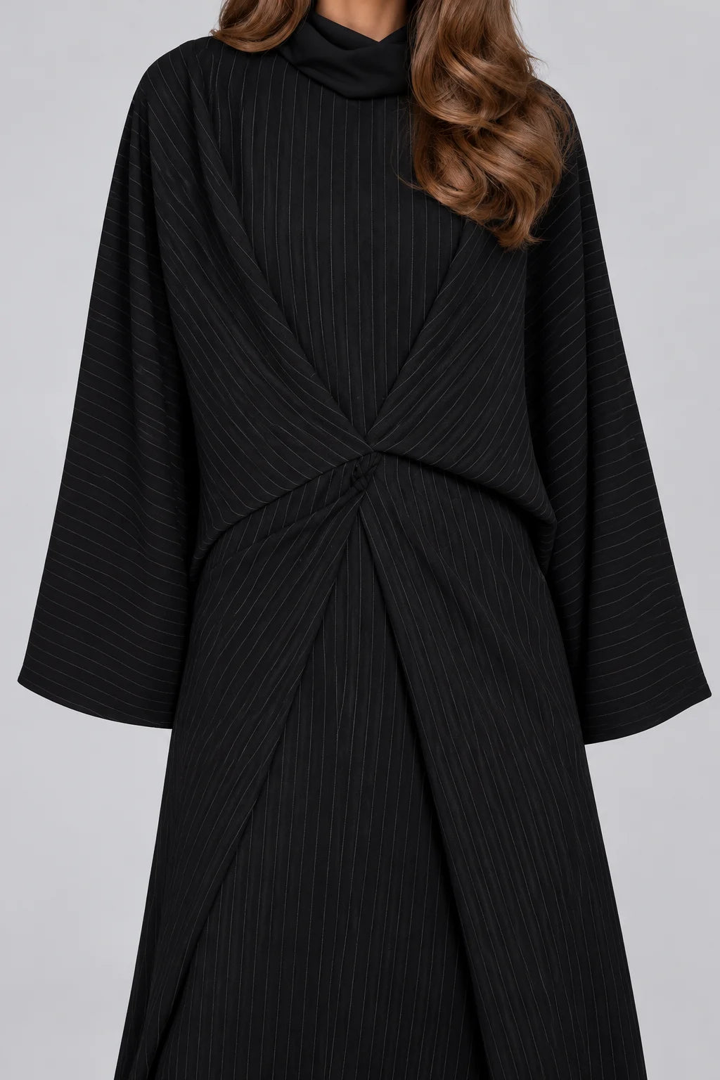 Black Pinstripe Long Sleeve Twist Front Abaya Maxi Dress with Wide Cut [erp-image:5977e4ff4d85f084d353f46d]