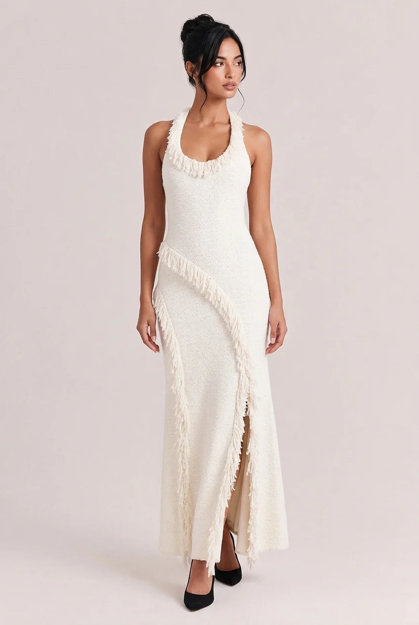 Tweed Knit Scoop Neck Sleeveless Fringe Trim Slit Maxi Dress