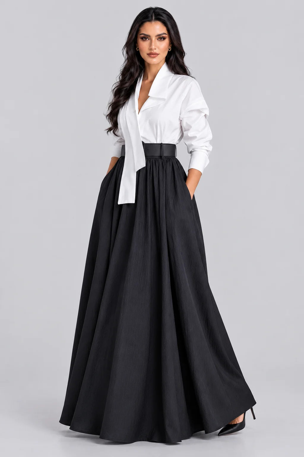 Women's Asymmetrical Draped Collar Shirt and High Waist Maxi Skirt Two Piece Set [erp-image:3d3b76f609f305223a58dff5]