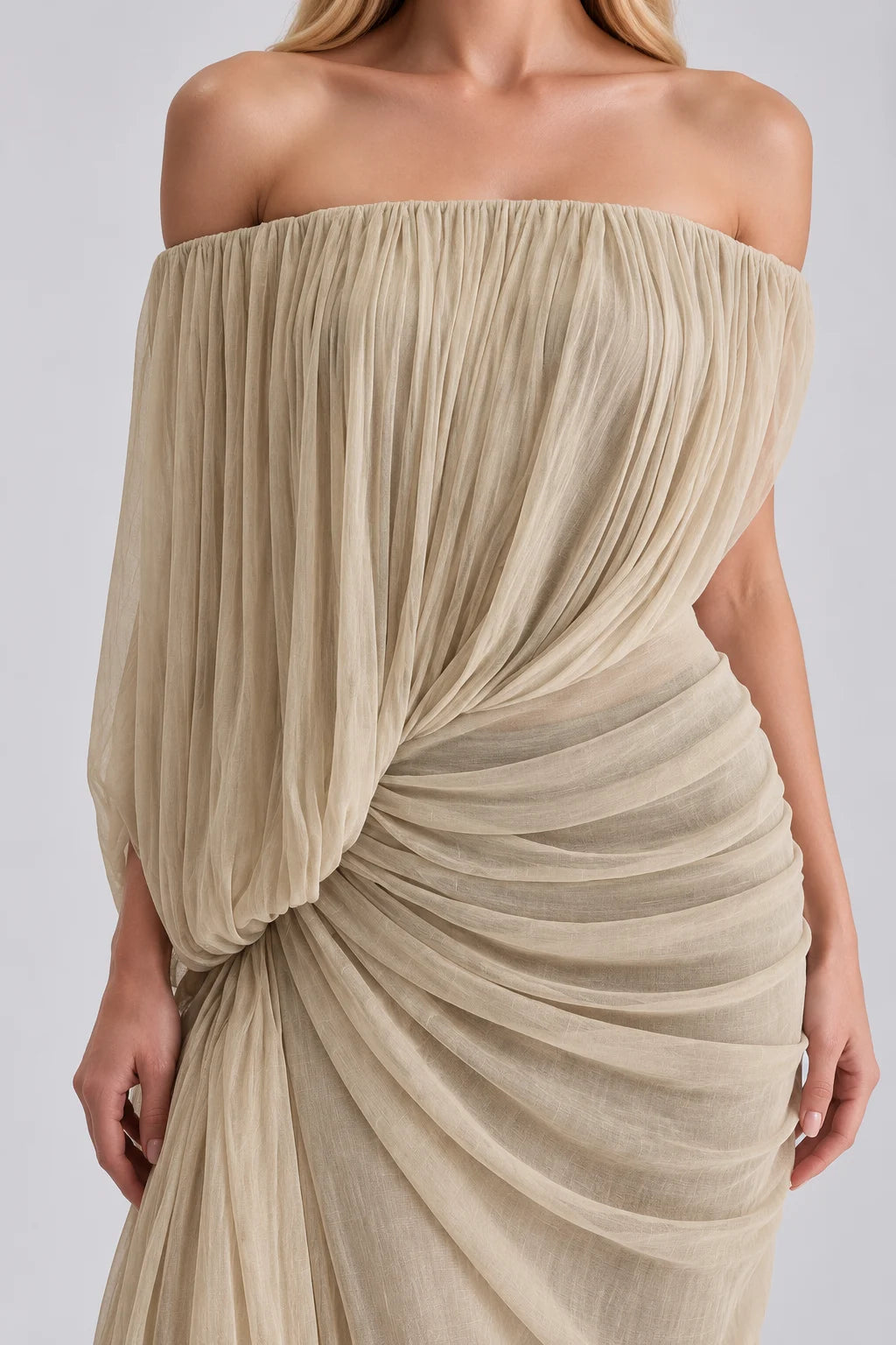 Off the Shoulder Draped Pleated Ruched Maxi Dress [erp-image:313c87a4733c5206a2a5e924]