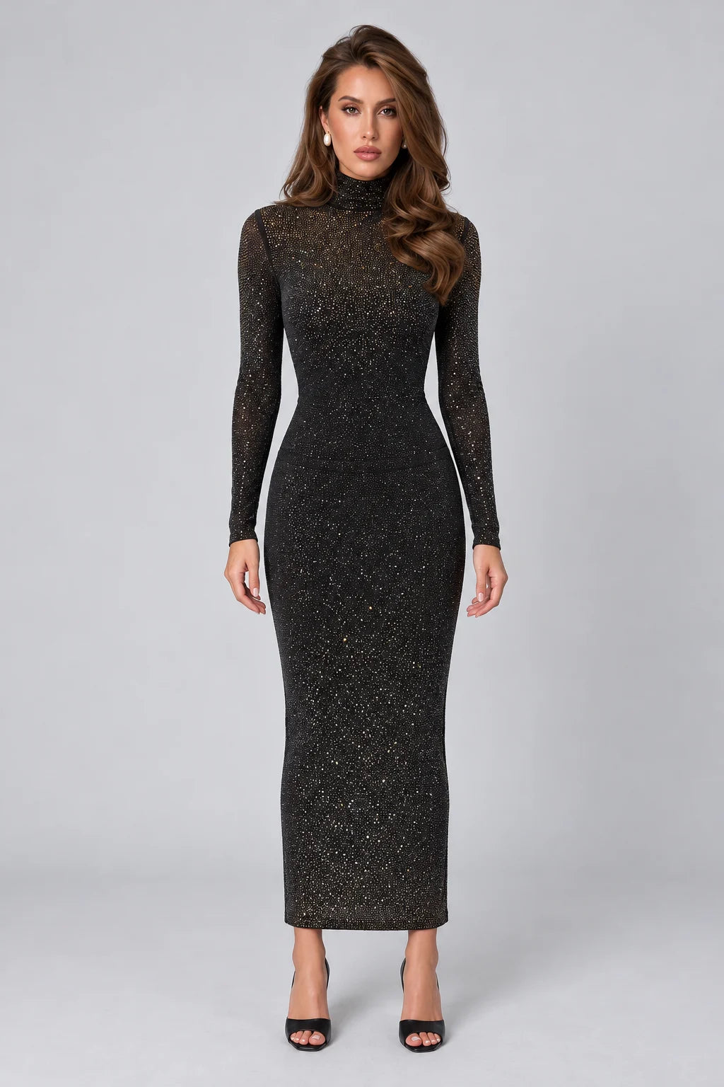 Women's Rhinestone Embellished High Neck Long Sleeve Top and Maxi Skirt Two Piece Set [erp-image:cdb34c87e583bee3efd4b9d0]