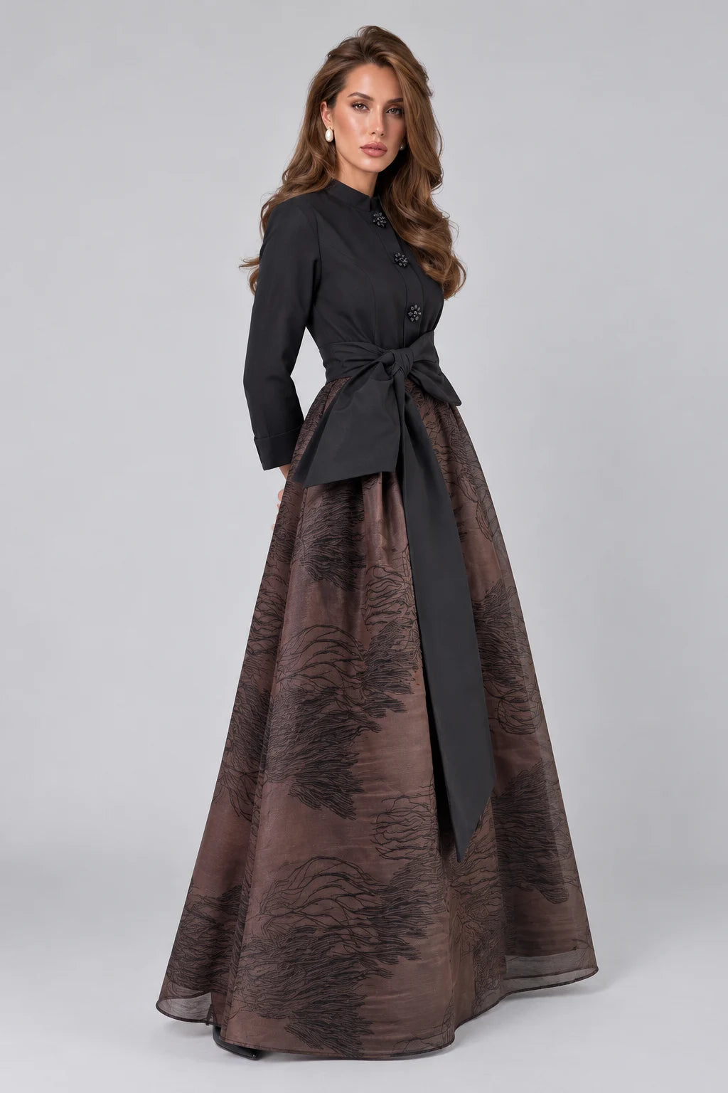 Elegant Black Long Sleeve Bow Belted Shirt Dress with Floral Buttons [erp-image:cbb4a83172686d8c2a5e33de]
