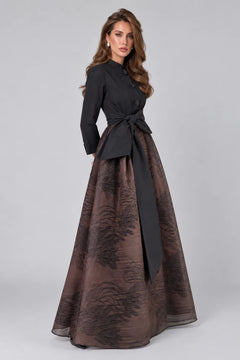 Elegant Black Long Sleeve Bow Belted Shirt Dress with Floral Buttons [erp-image:cbb4a83172686d8c2a5e33de]