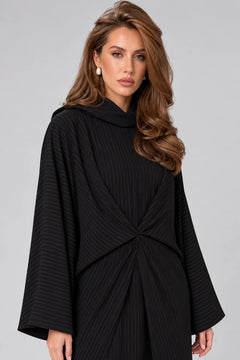 Black Pinstripe Long Sleeve Twist Front Abaya Maxi Dress with Wide Cut [erp-image:749fd6500725c6f23dc16795]