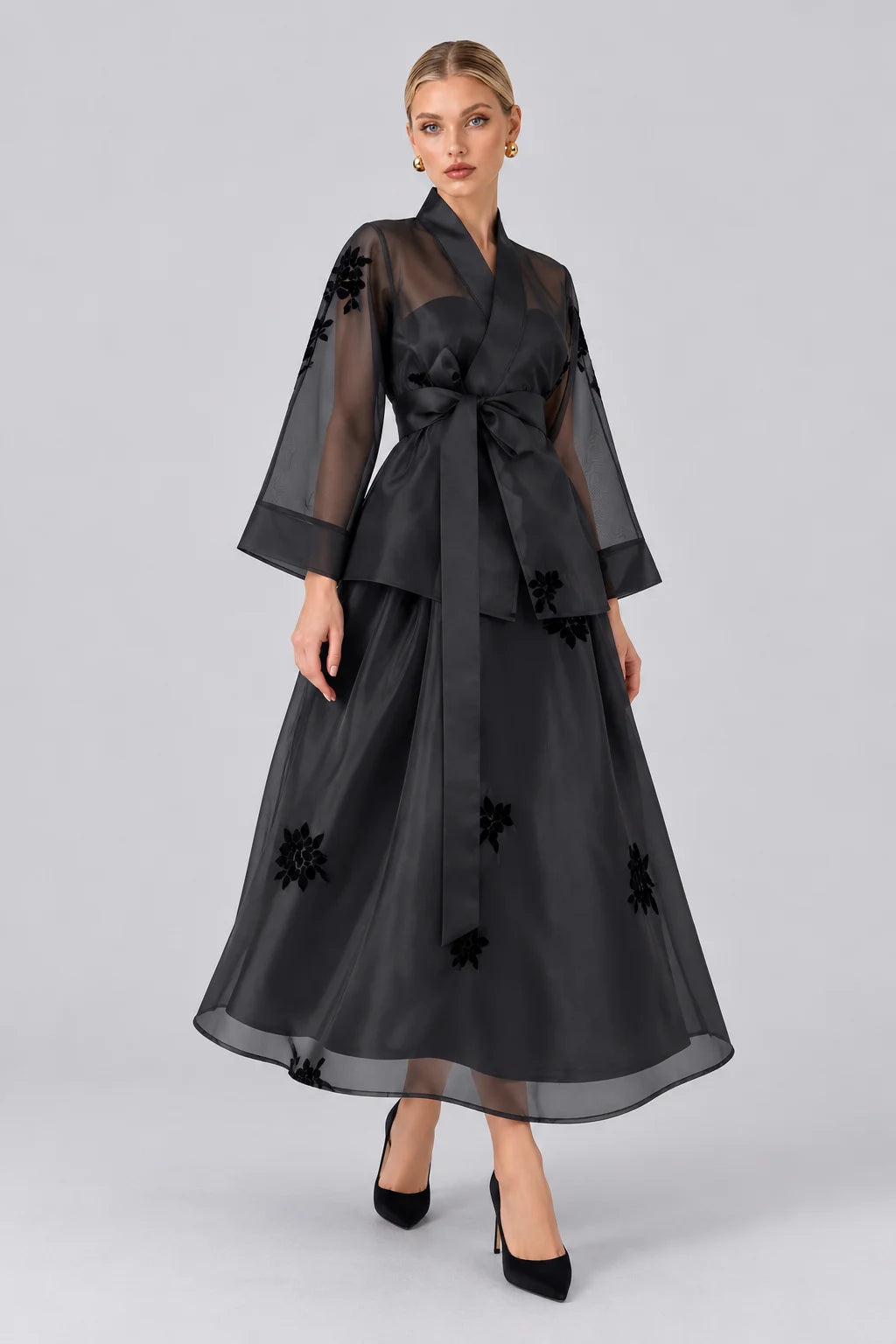 Black Sheer Organza Wrap Kimono Top and A-Line Midi Skirt Set [erp-image:13262b840f066cb0f59757f6]