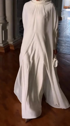 White High Neck Pleated Front Slit Flowy Maxi Dress with Matching Scarf [erp-image:77b58c531dd24fbff52bf806]