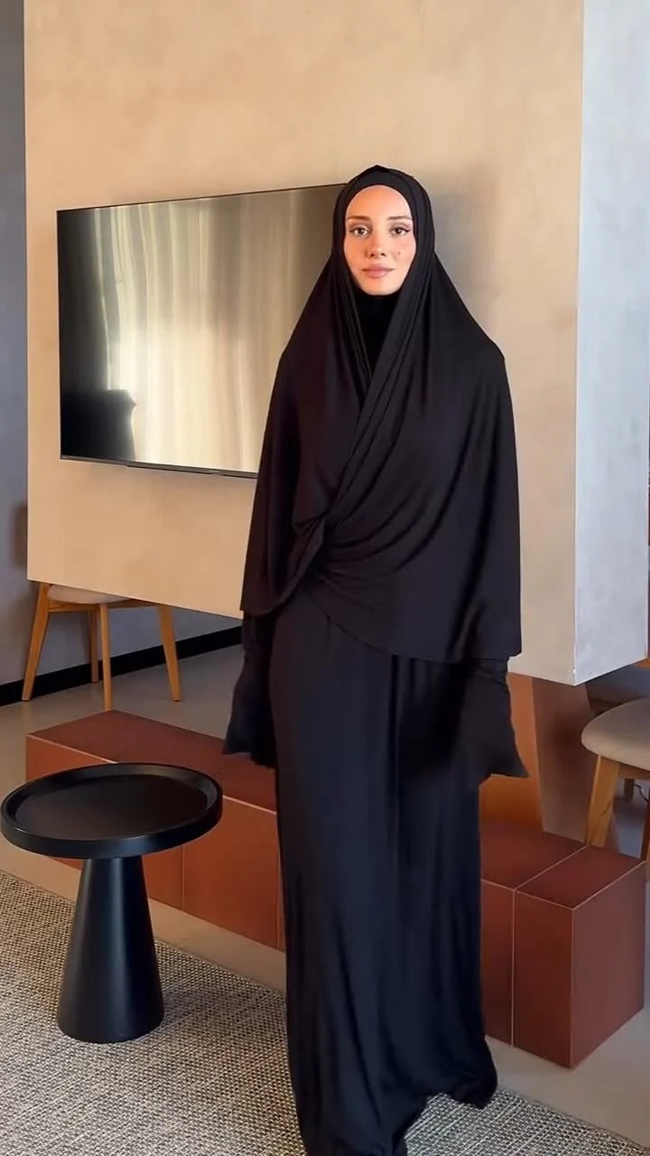 Women's Black Draped Khimar Abaya Maxi Dress Long Sleeve Modest Prayer Jilbab [erp-image:d39533e4828c241bf470c856]