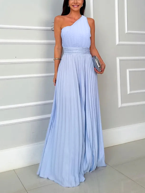 Elegant Pleated Slant Neck Waist Jumpsuit