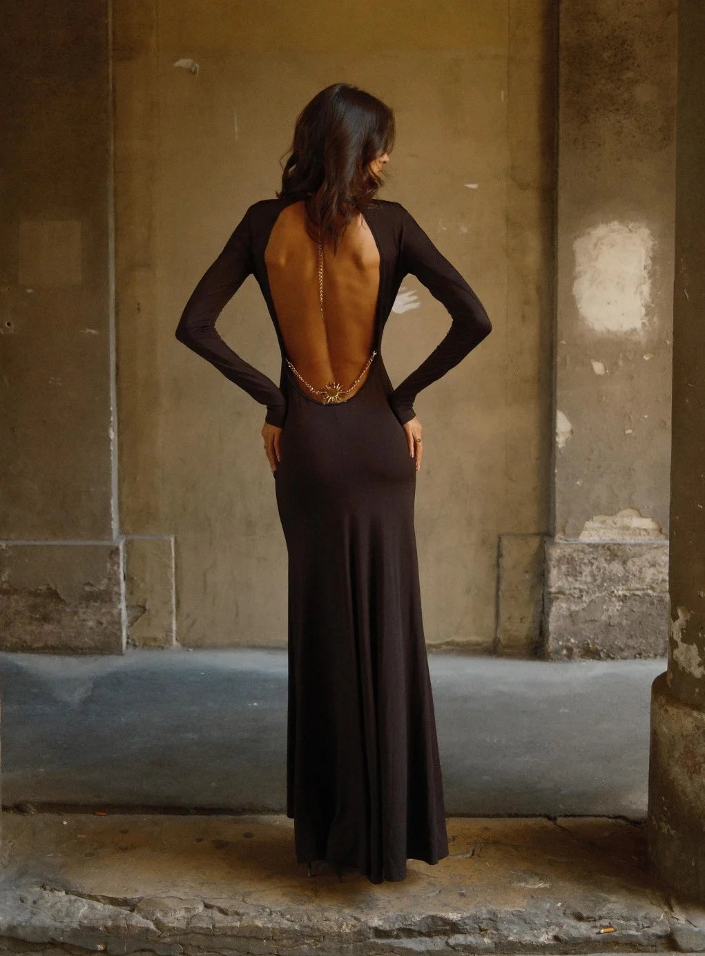Backless Long Sleeve Maxi Dress with Gold Chain Detail in Black