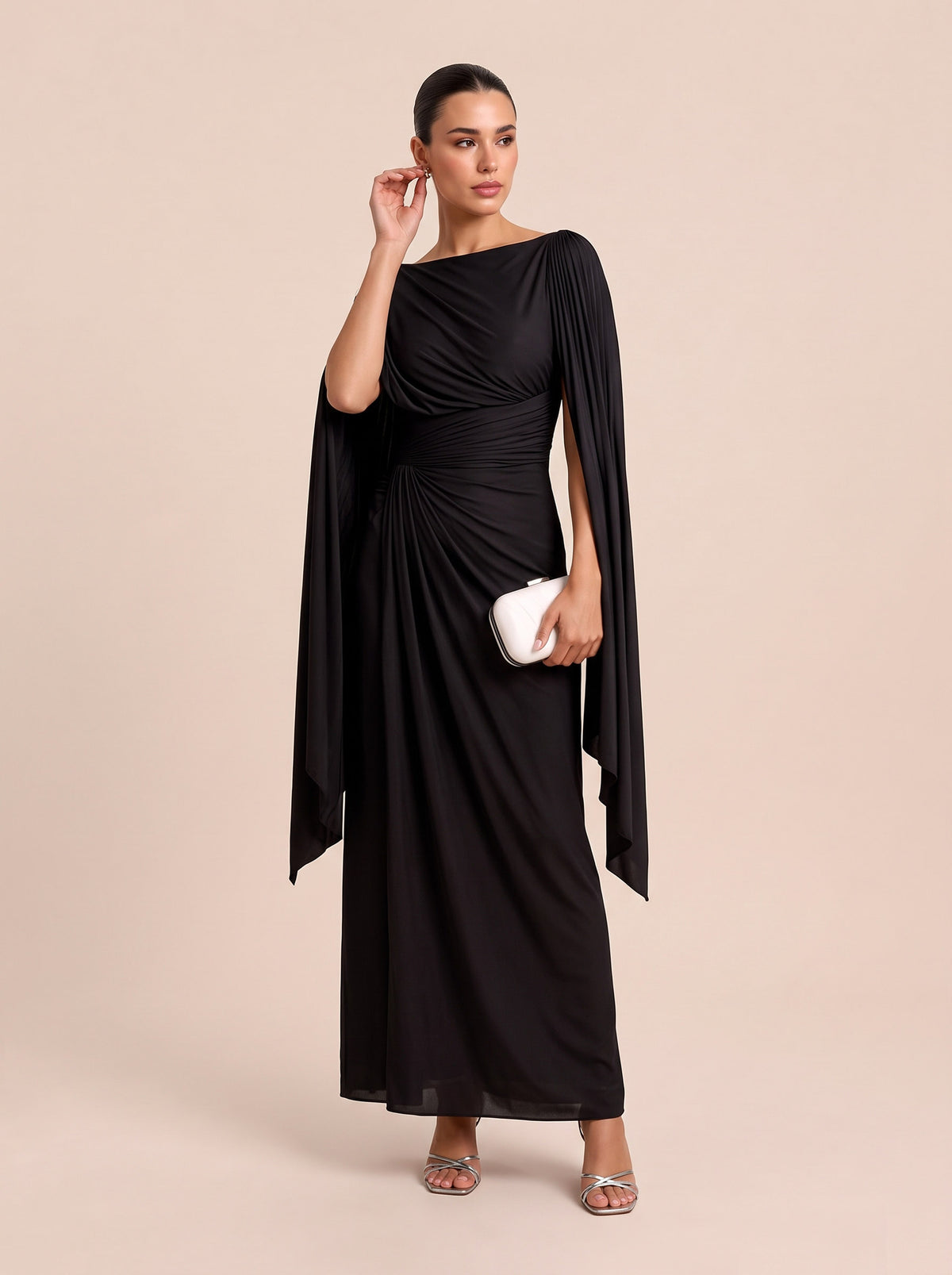 Boat Neck Pleated Slim Fit Maxi Dress