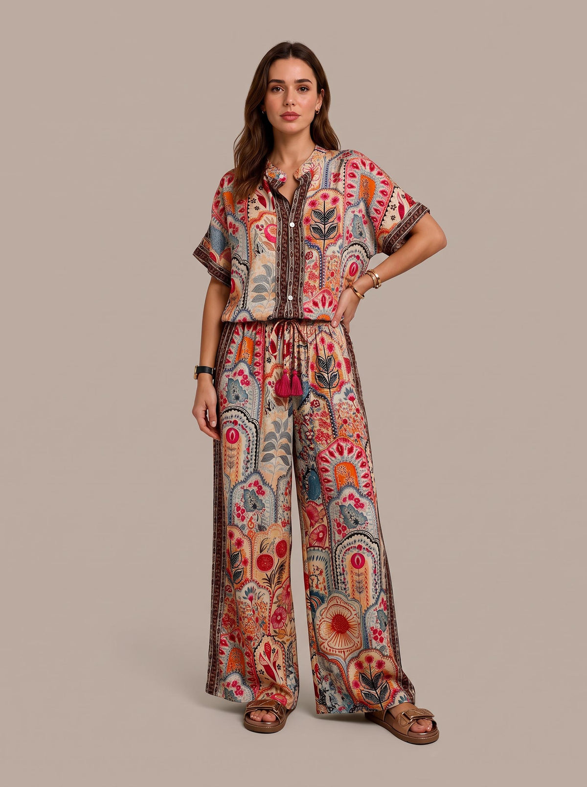Boho Printed Fringe-Accented Loose Blouse