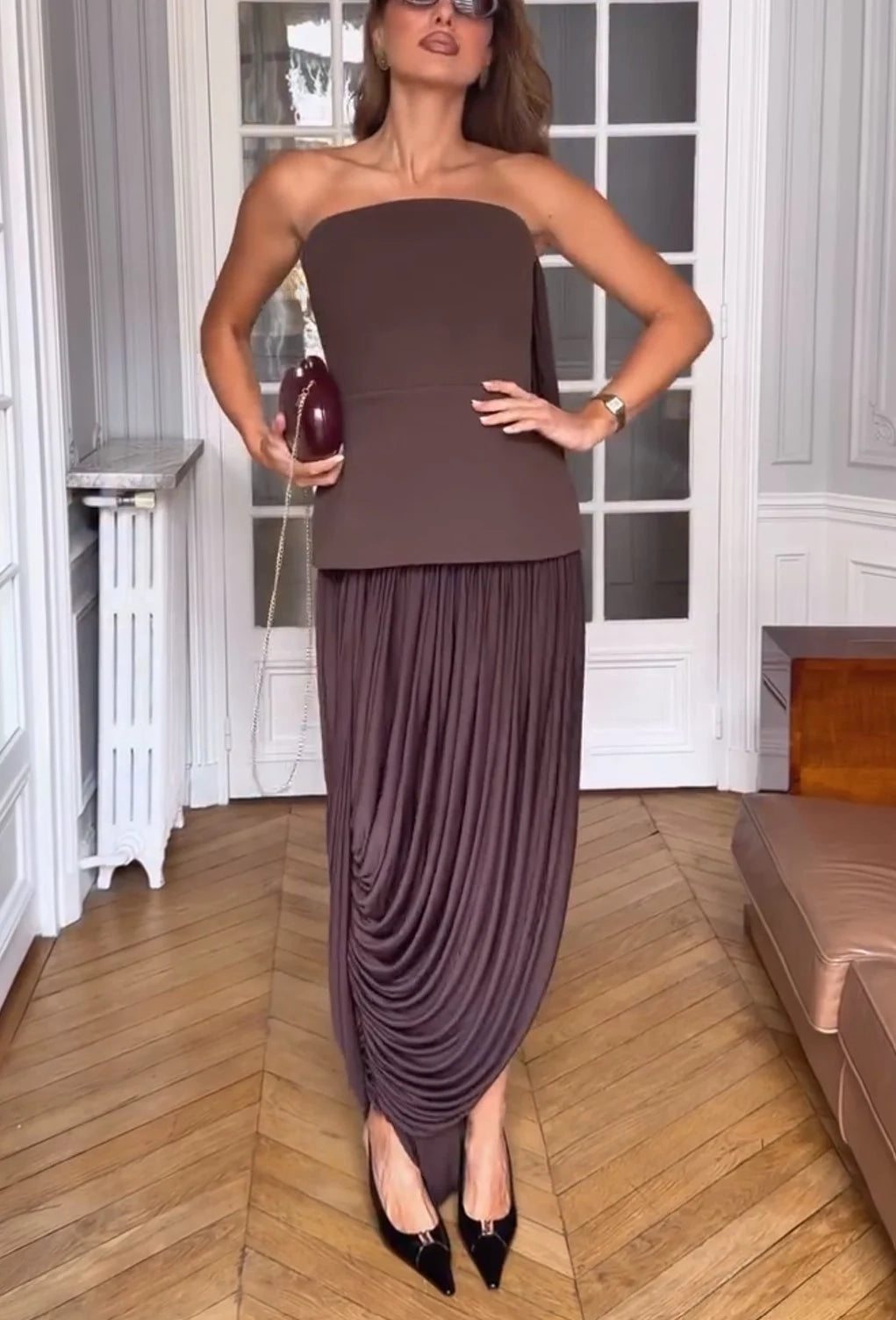Brown Strapless Draped Maxi Dress Sleek Ruched Waterfall Evening Gown