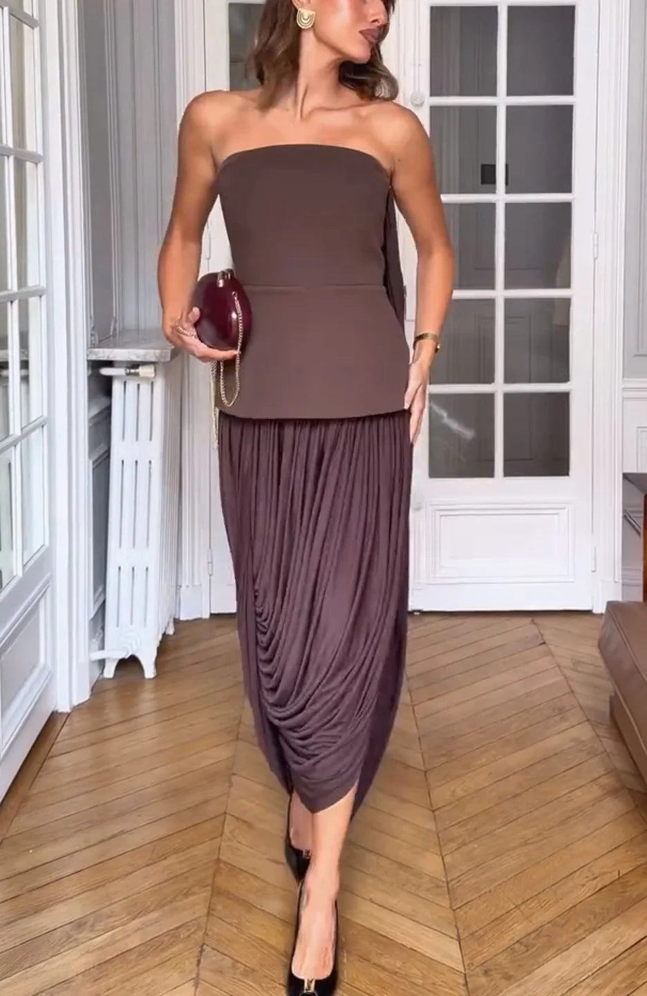 Brown Strapless Draped Maxi Dress Sleek Ruched Waterfall Evening Gown
