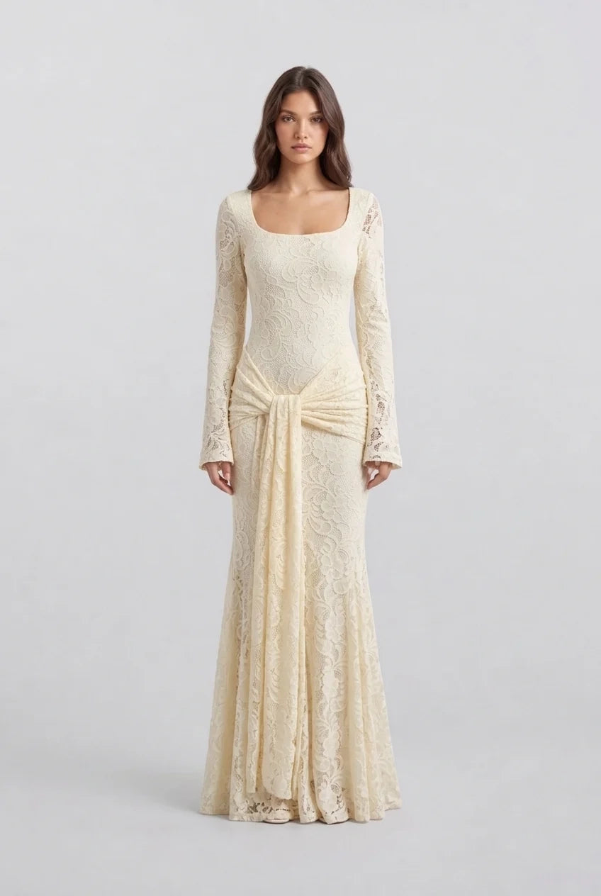 Butter Yellow Floral Lace Long Sleeve Maxi Dress with Draped Waist Sash