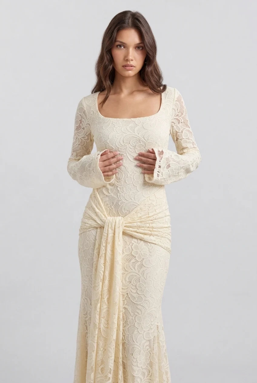 Butter Yellow Floral Lace Long Sleeve Maxi Dress with Draped Waist Sash