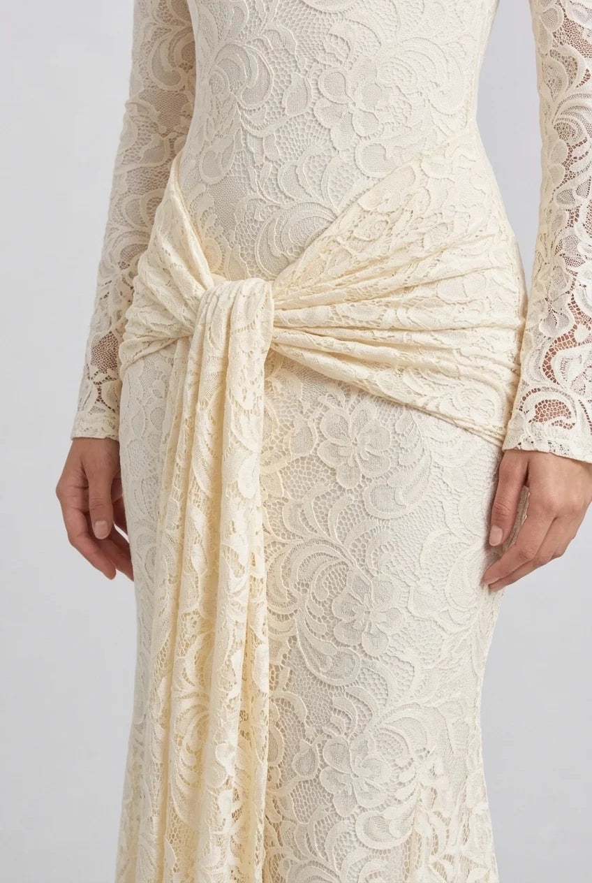 Butter Yellow Floral Lace Long Sleeve Maxi Dress with Draped Waist Sash