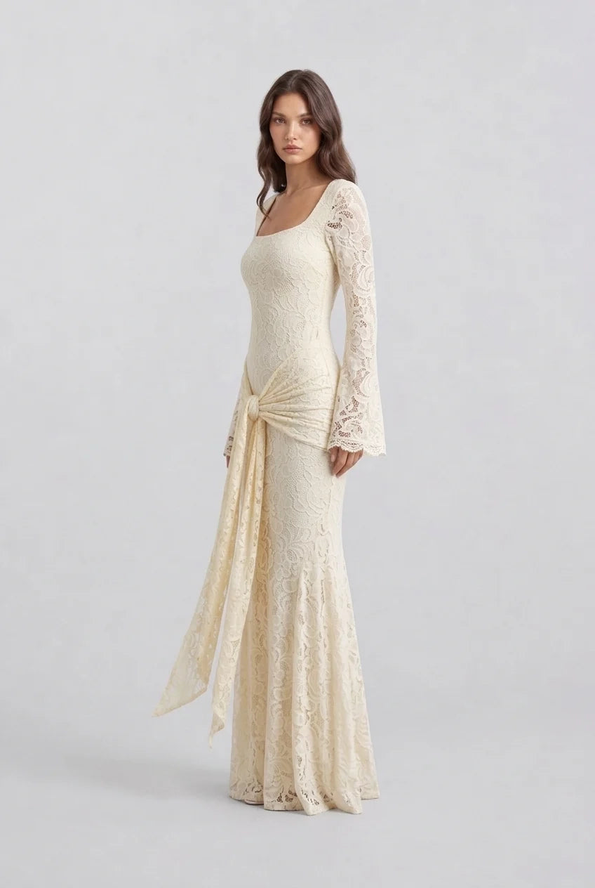 Butter Yellow Floral Lace Long Sleeve Maxi Dress with Draped Waist Sash