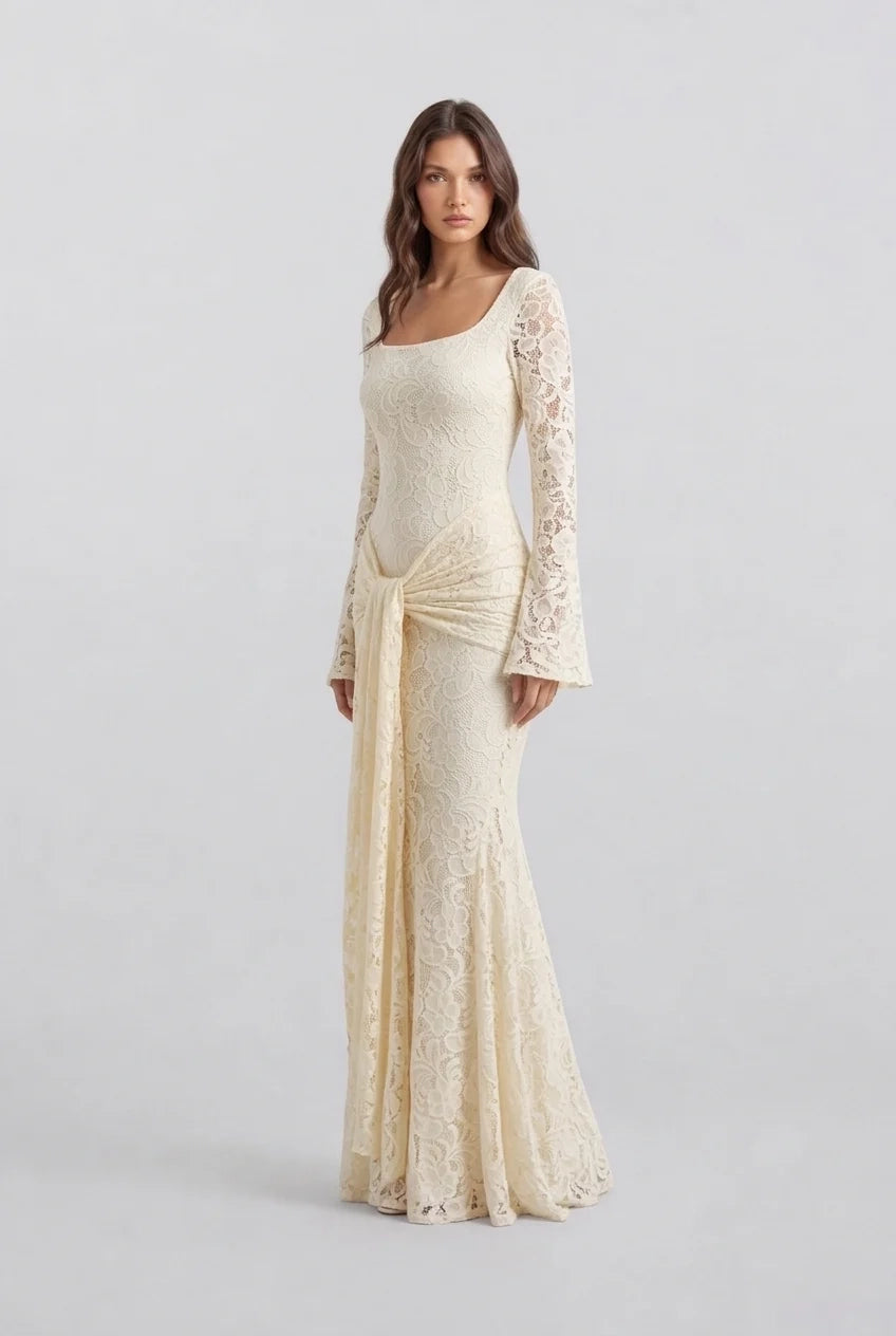 Butter Yellow Floral Lace Long Sleeve Maxi Dress with Draped Waist Sash