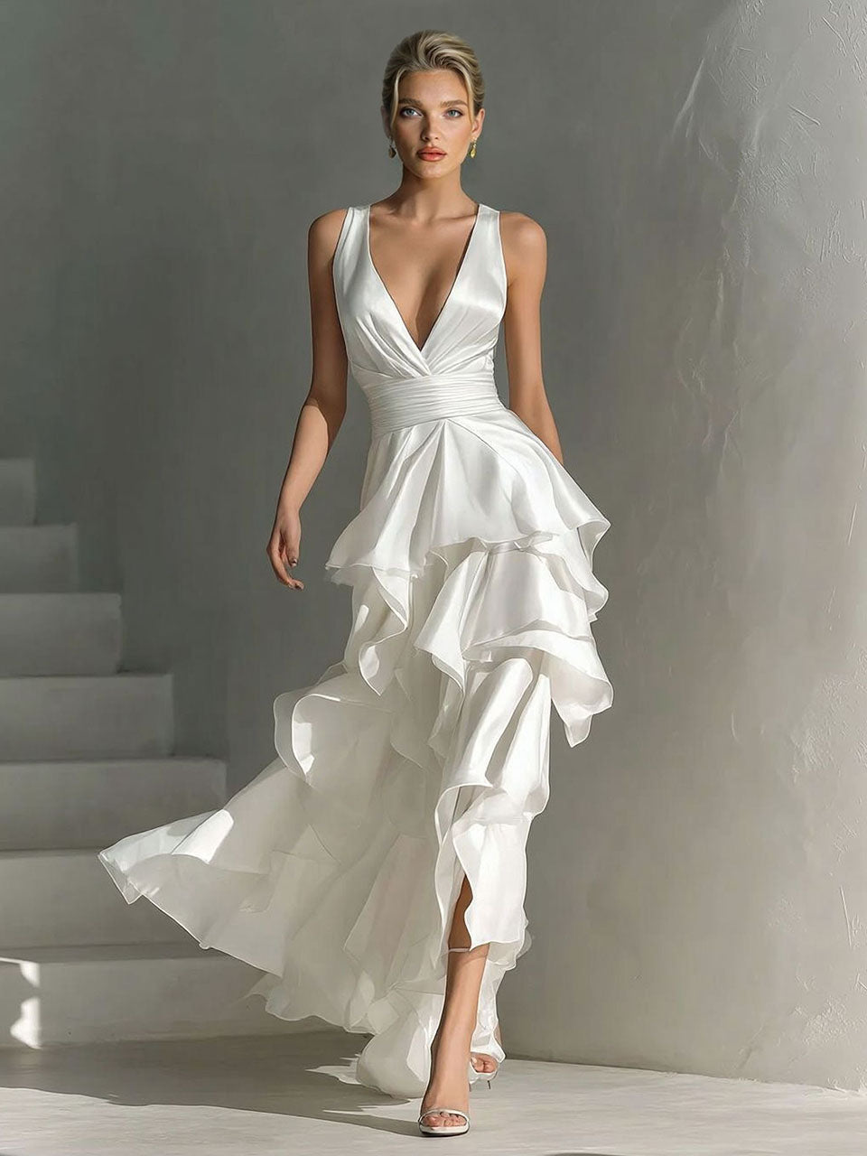 Elegant Satin Deep V-Neck Layered Ruffle Maxi Dress