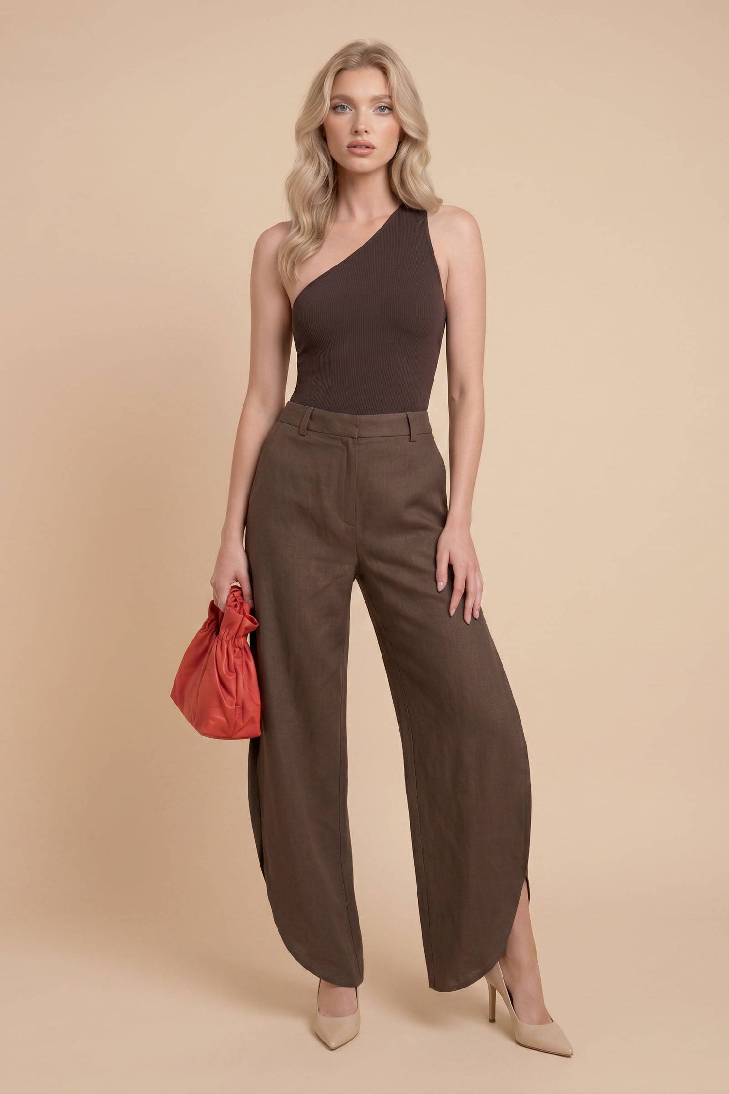 Oblique Collar Off-shoulder bodysuits And Side Slits Wide Leg Pants Suit- Pants