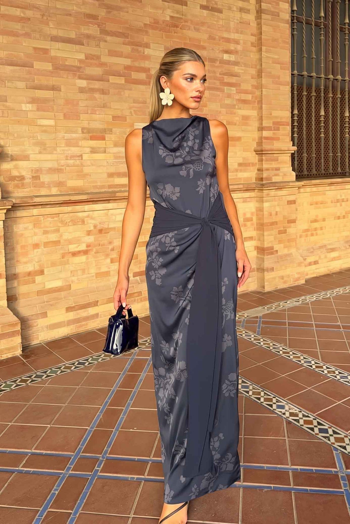 Printed Lace-Up Maxi Dress