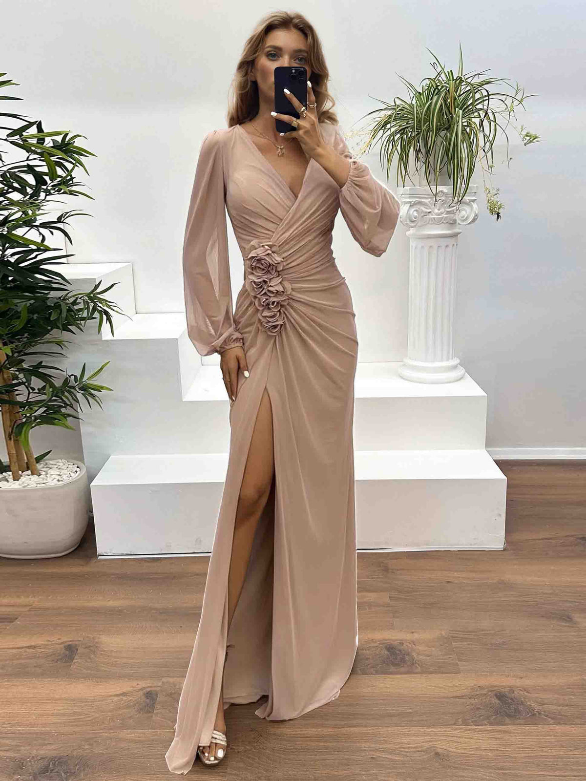 Elegant V-Neck Ruched Floral Slit Maxi Dress