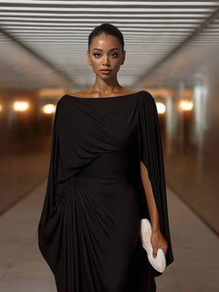 Boat Neck Pleated Slim Fit Maxi Dress