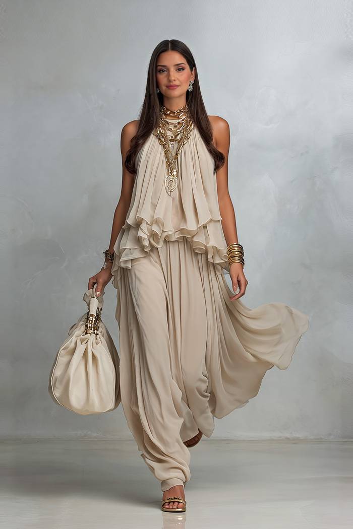 Halter-Neck Ruffled Top And Skirt Set