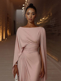 Boat Neck Pleated Slim Fit Maxi Dress