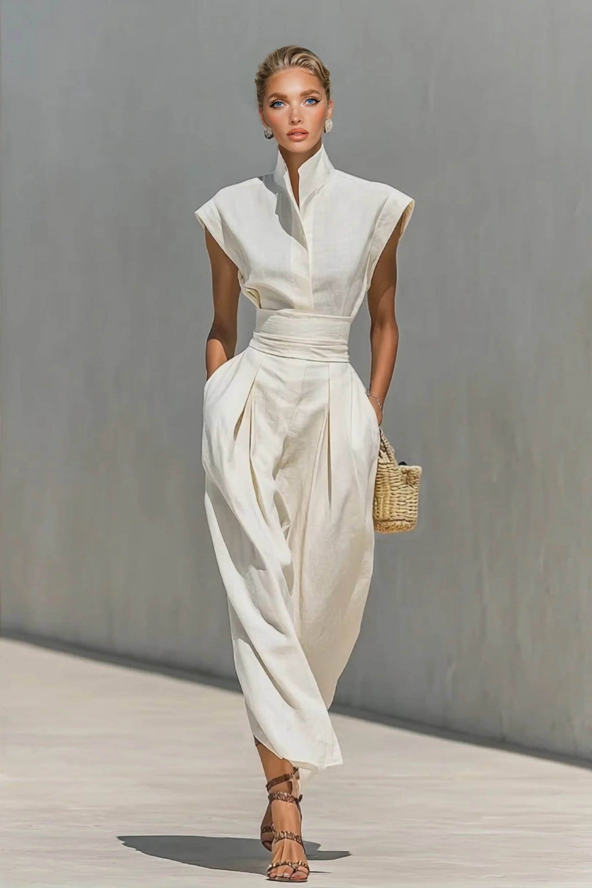 Stand-Collar High-waisted Midi Dress