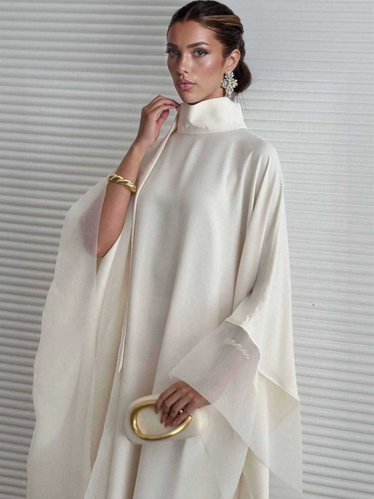 Elegant High-Neck Flowing Cape Maxi Dress