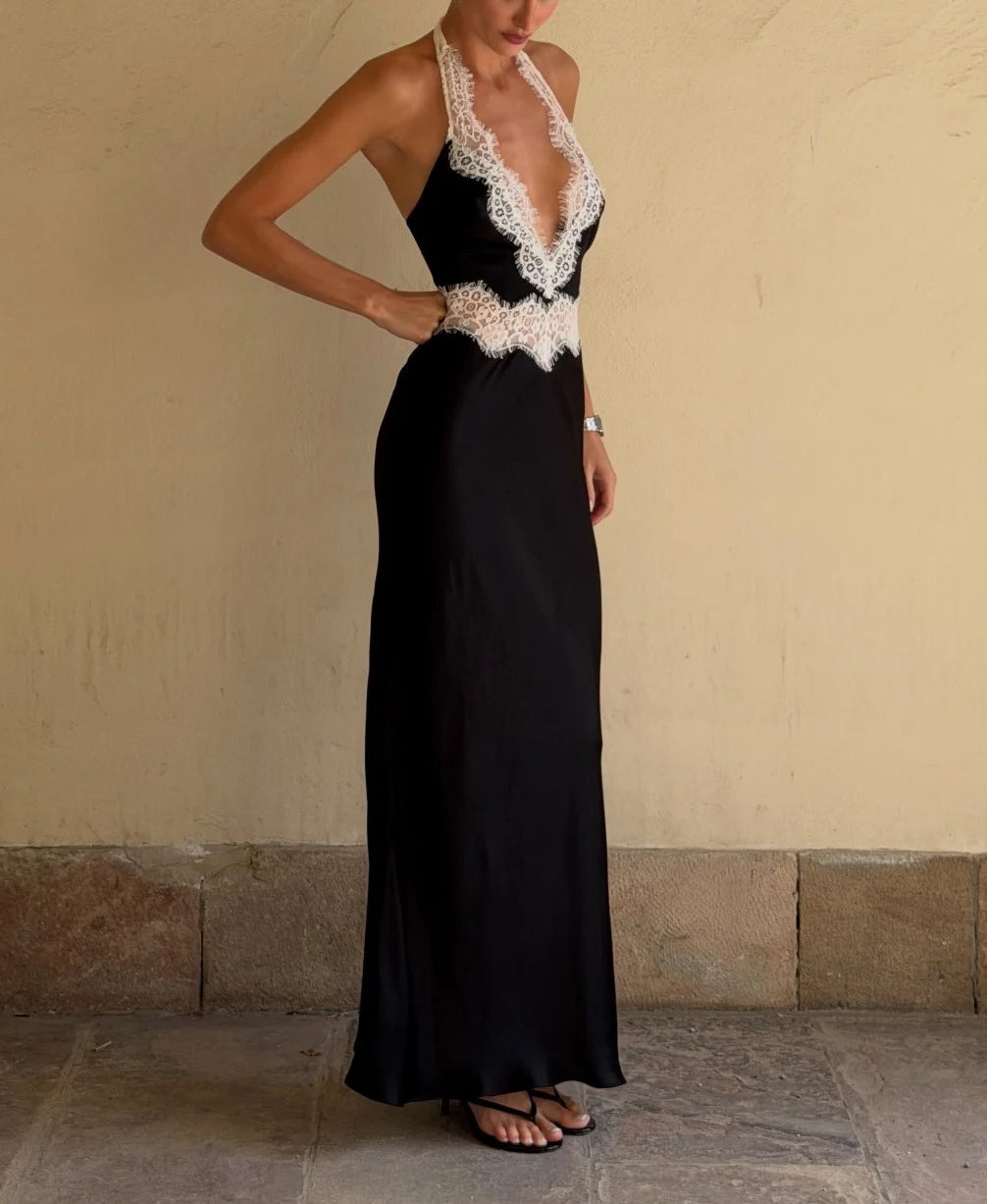 Contrast Lace Trim Halter Neck Backless Slim Fit Satin Evening Maxi Dress