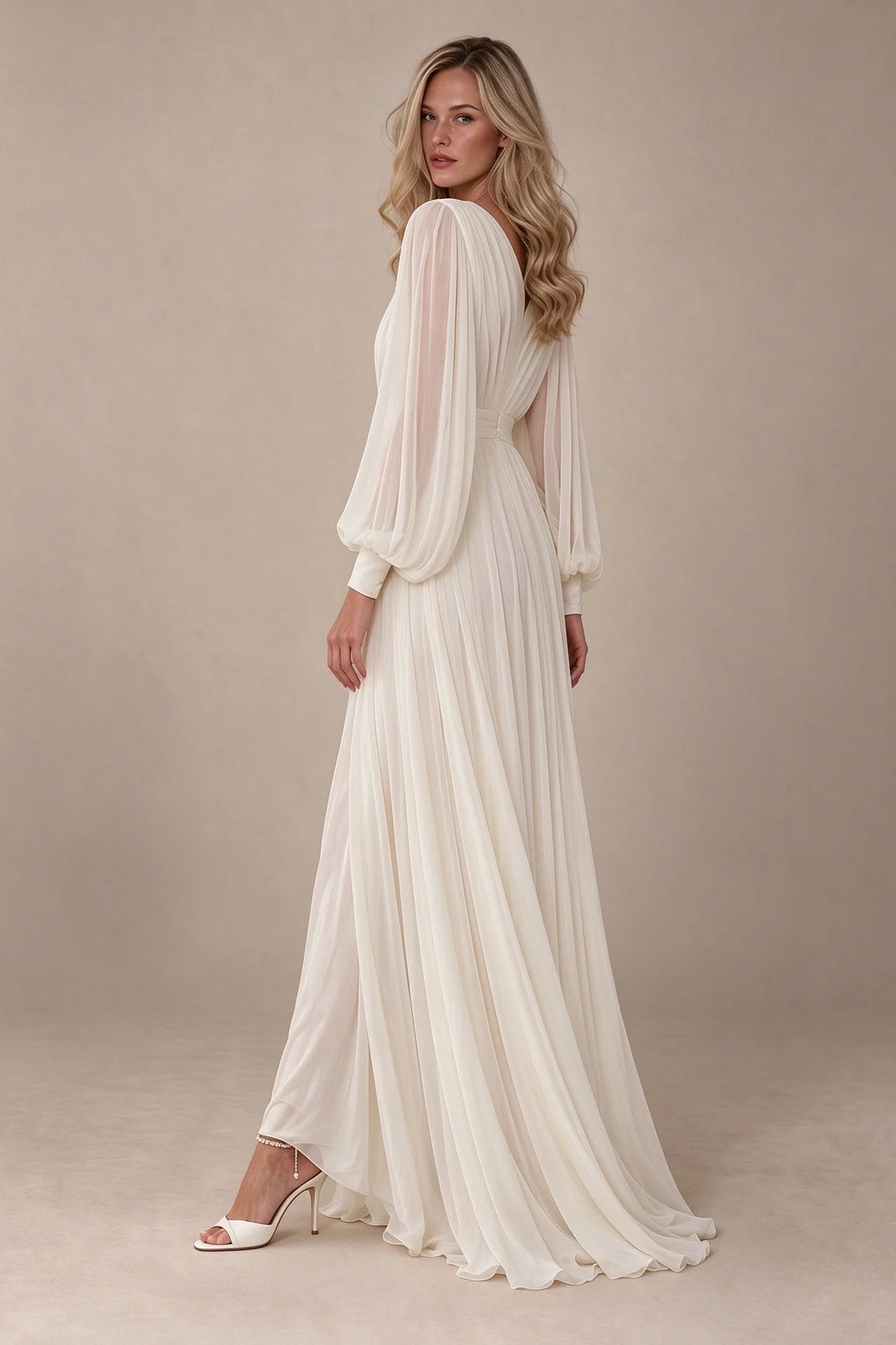 Deep V-Neck Long Sleeve Chiffon Ruched A-Line Maxi Wedding Dress