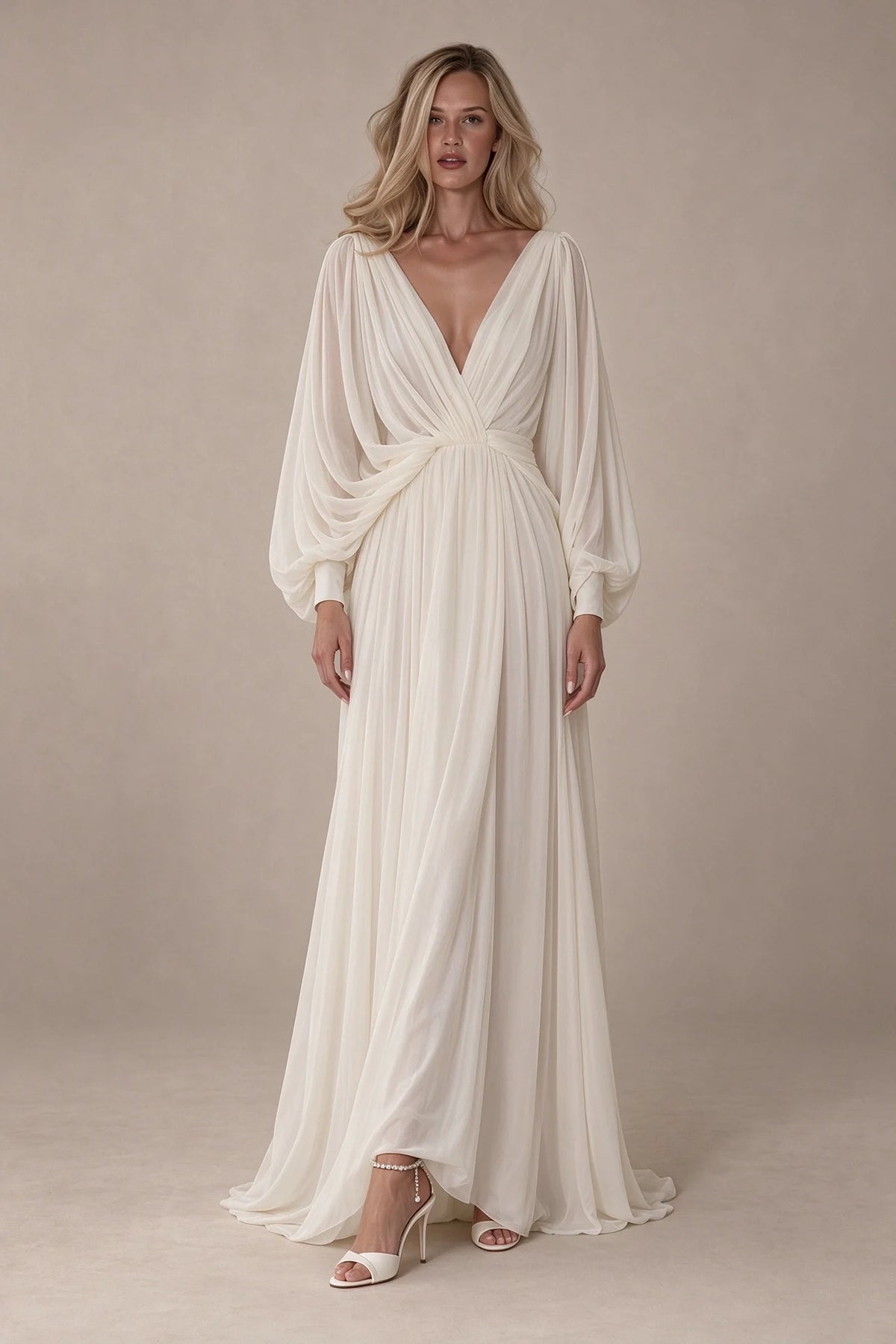 Deep V-Neck Long Sleeve Chiffon Ruched A-Line Maxi Wedding Dress