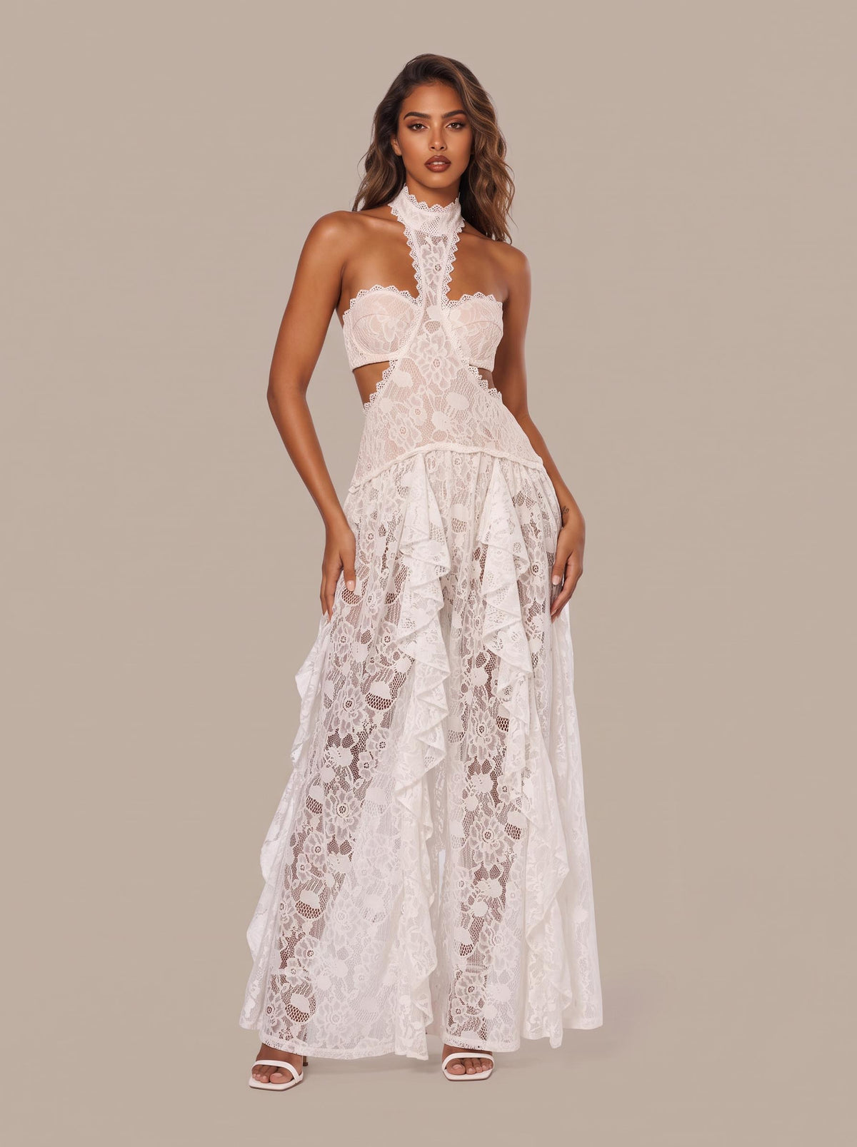 Delicate Lace High-Neck Cut-Out Ruffle Maxi Dress
