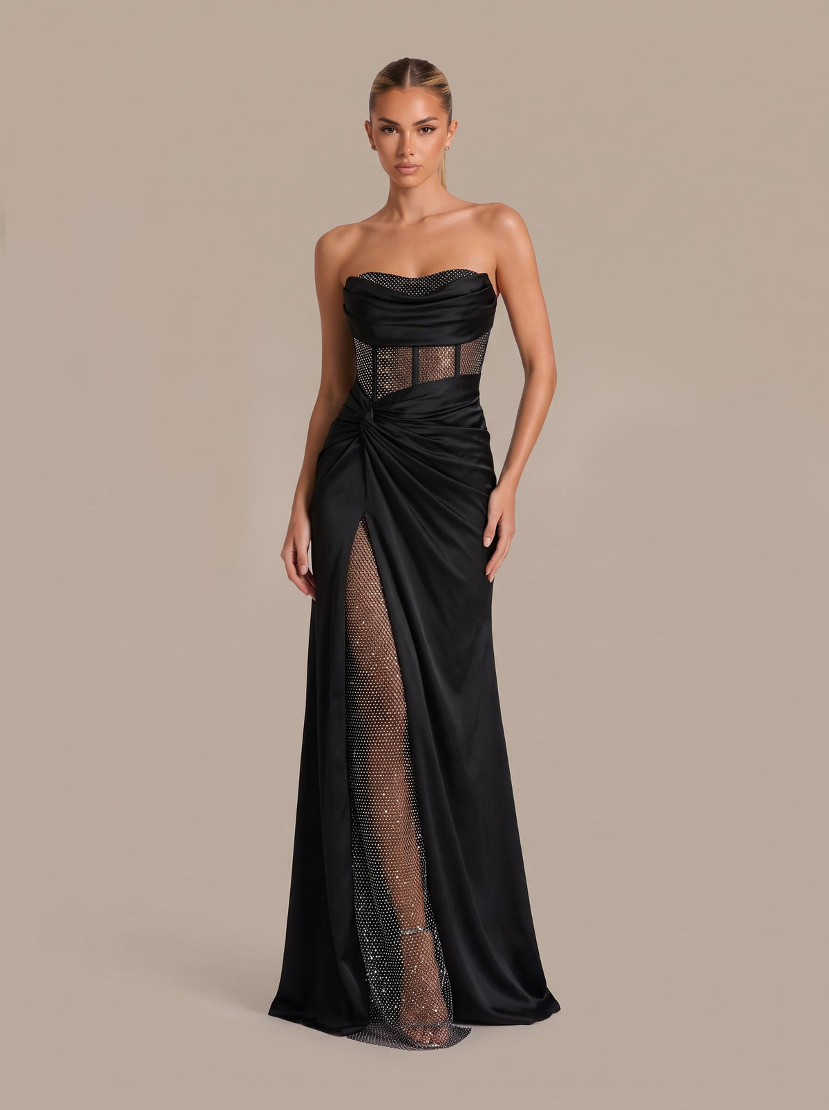 Delicate Satin Paneled Mesh Sequin Fabric Off Shoulder Ruched Drape Maxi Dress